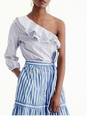 J. Crew Striped one shoulder ruffle poplin top in vivid cobalt blue and white